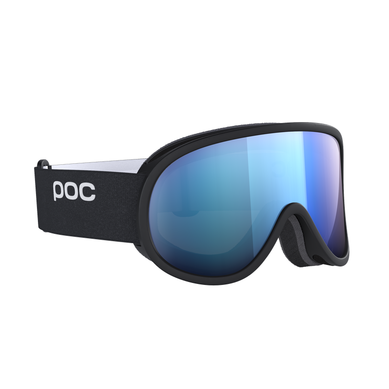 Schwarze Ski-Brille Schwarze POC Retina Mid Ski-Brille mit blau verspiegelter, zylindrischer Linse.