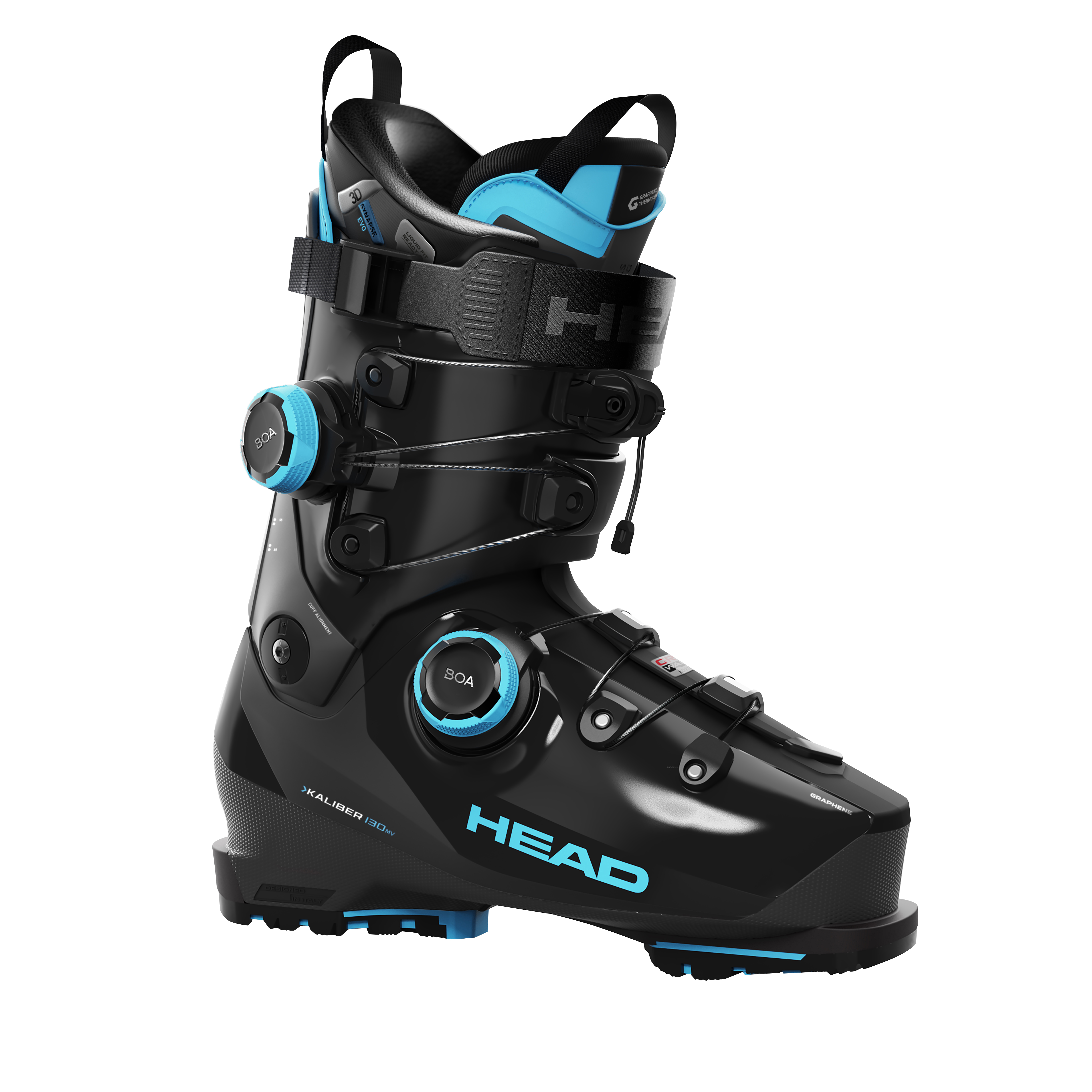 Schwarzer Skischuh Head KALIBER 130 MV GW BOA2 mit blauem BOA Fit System, seitliche Ansicht.