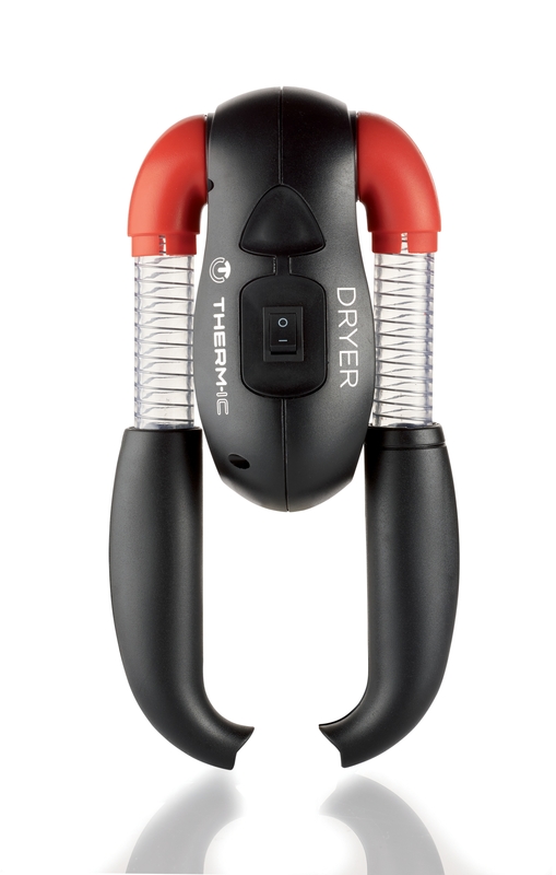 Schuhtrockner Therm-ic Dryer mit schwarzem Gehäuse, roten Aufsätzen und durchsichtigen Röhren vor weißem Hintergrund.