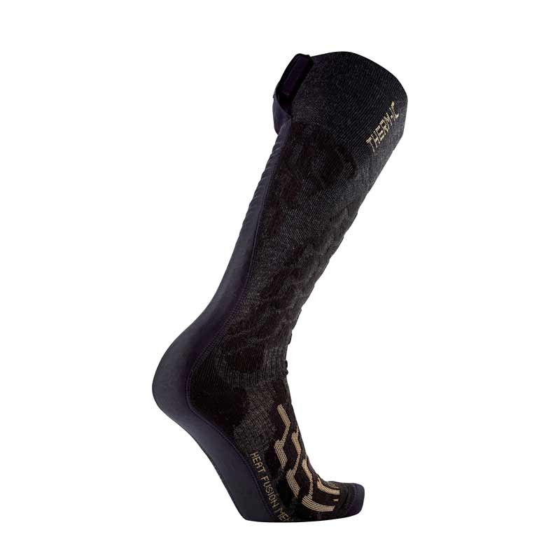 Schwarze Skisocke für Männer Eine schwarze, knielange Powersocks Heat Fusion Men Skisocke seitlich vor weißem Hintergrund.