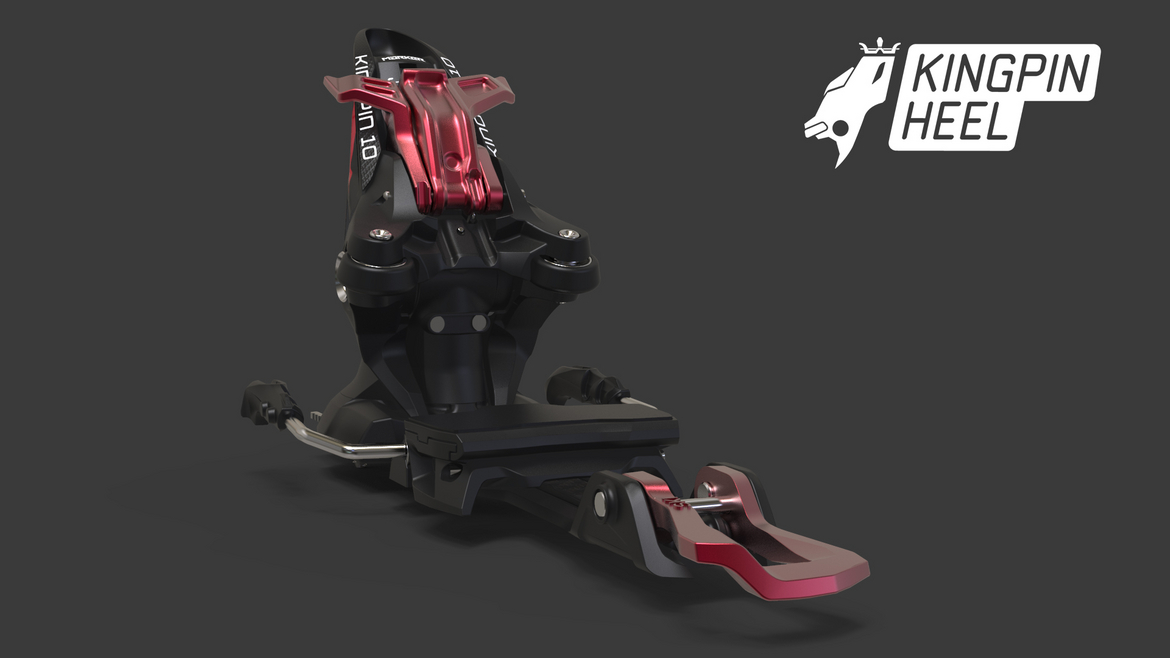 KingPin 13 talon Gros plan sur le talon noir/rouge de la fixation de ski de randonnée KingPin 13.
