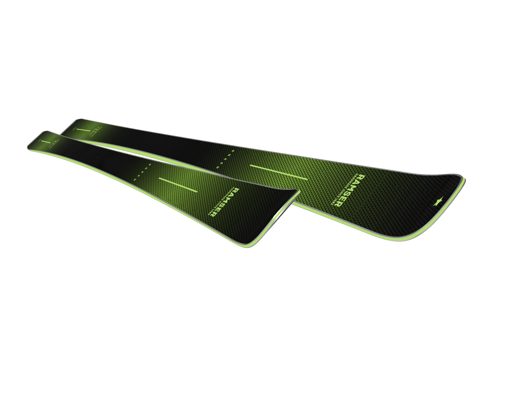 Zwei Ramser Ski Zwei Ramser Green LTD Ski, diagonale Ansicht. Schwarz-grünes Muster, Text und Linie in Grün.
