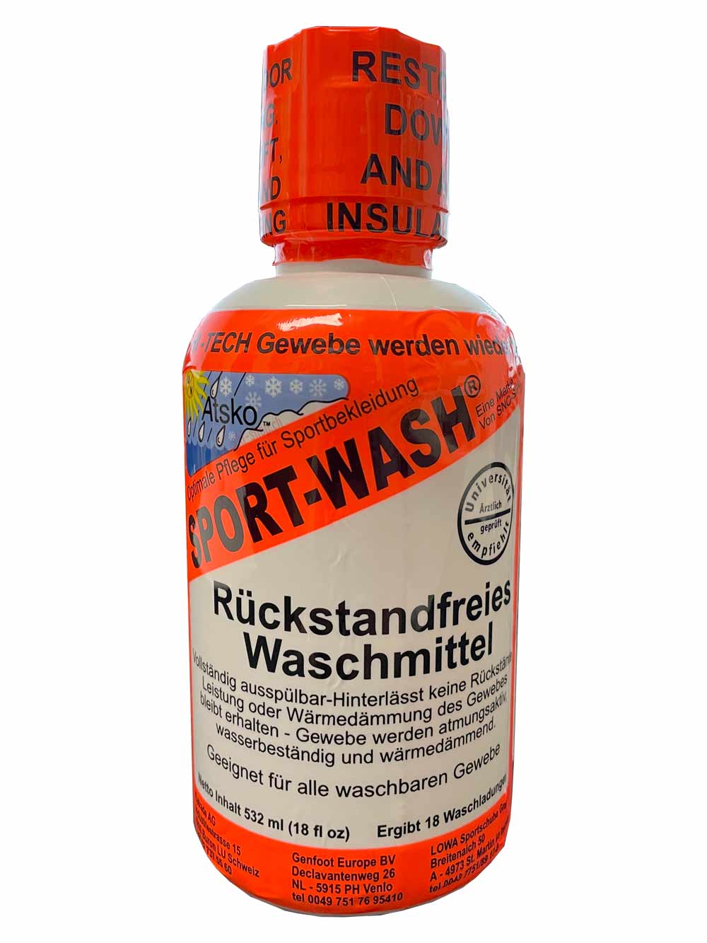 Bouteille blanche Sport-Wash, bouchon orange. Texte à l'intérieur : Détergent sans résidus, convient pour les tissus lavables.
