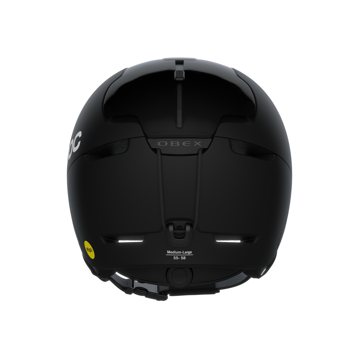 Schwarzer Skihelm, Rückansicht mit 'OBEX'-Schriftzug, Größenangabe und MIPS-Logo.