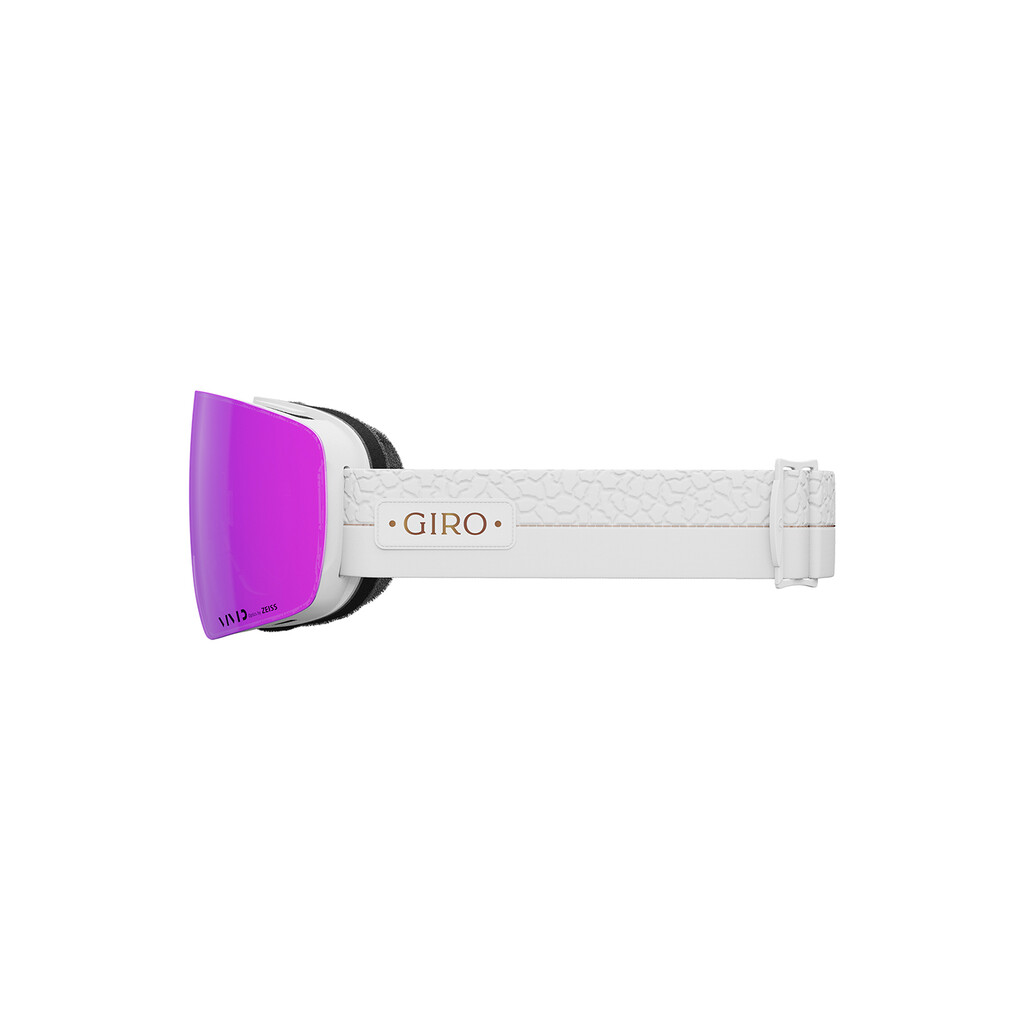 Giro Contour RS W Vivid Goggle, weiße Skibrille mit pinkfarbener Scheibe und gemustertem Band.