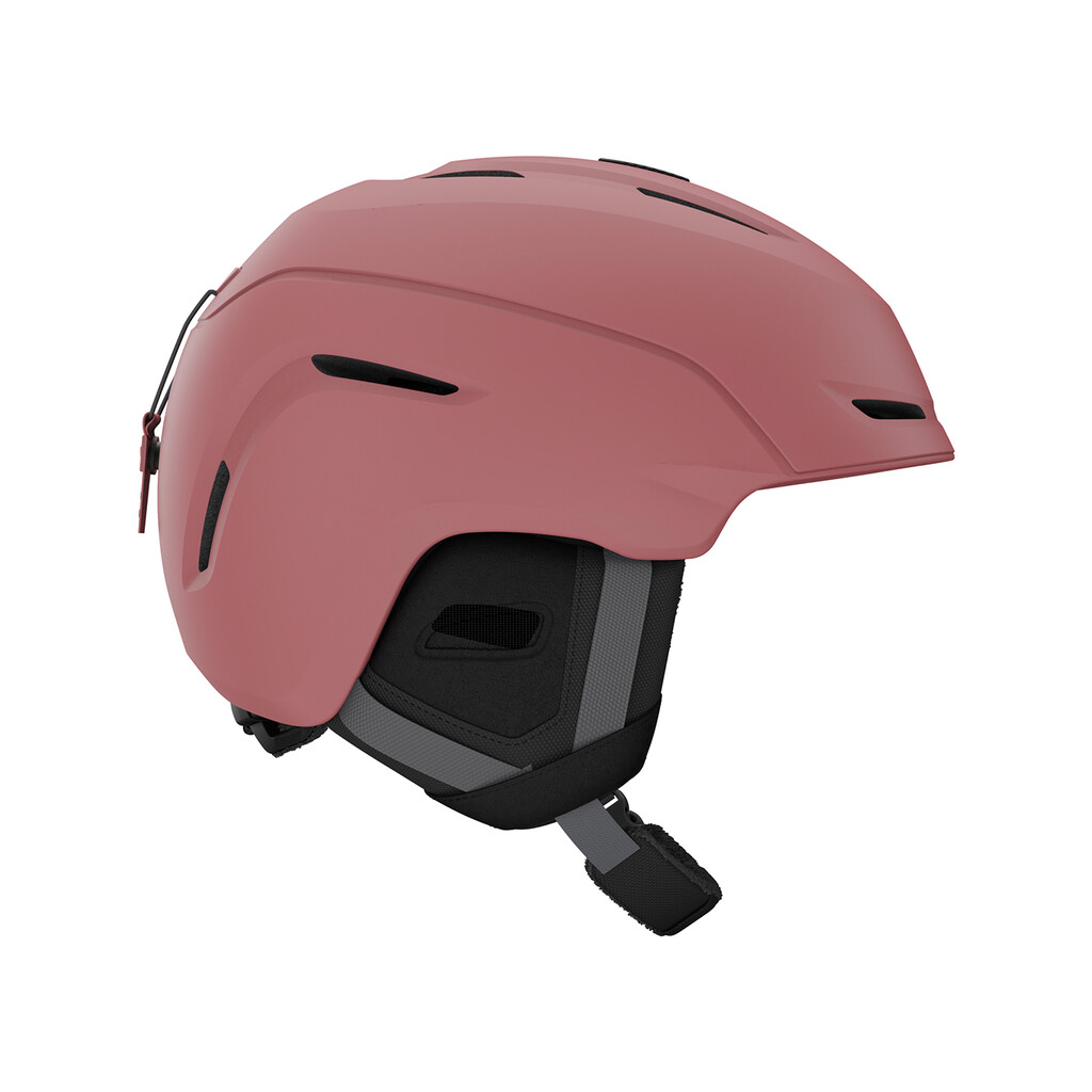 Matter roséfarbener Skihelm Detailansicht: Matter roséfarbener Giro Avera MIPS Skihelm, Seitenansicht. Belüftungsschlitze und Ohrenpolster sichtbar.