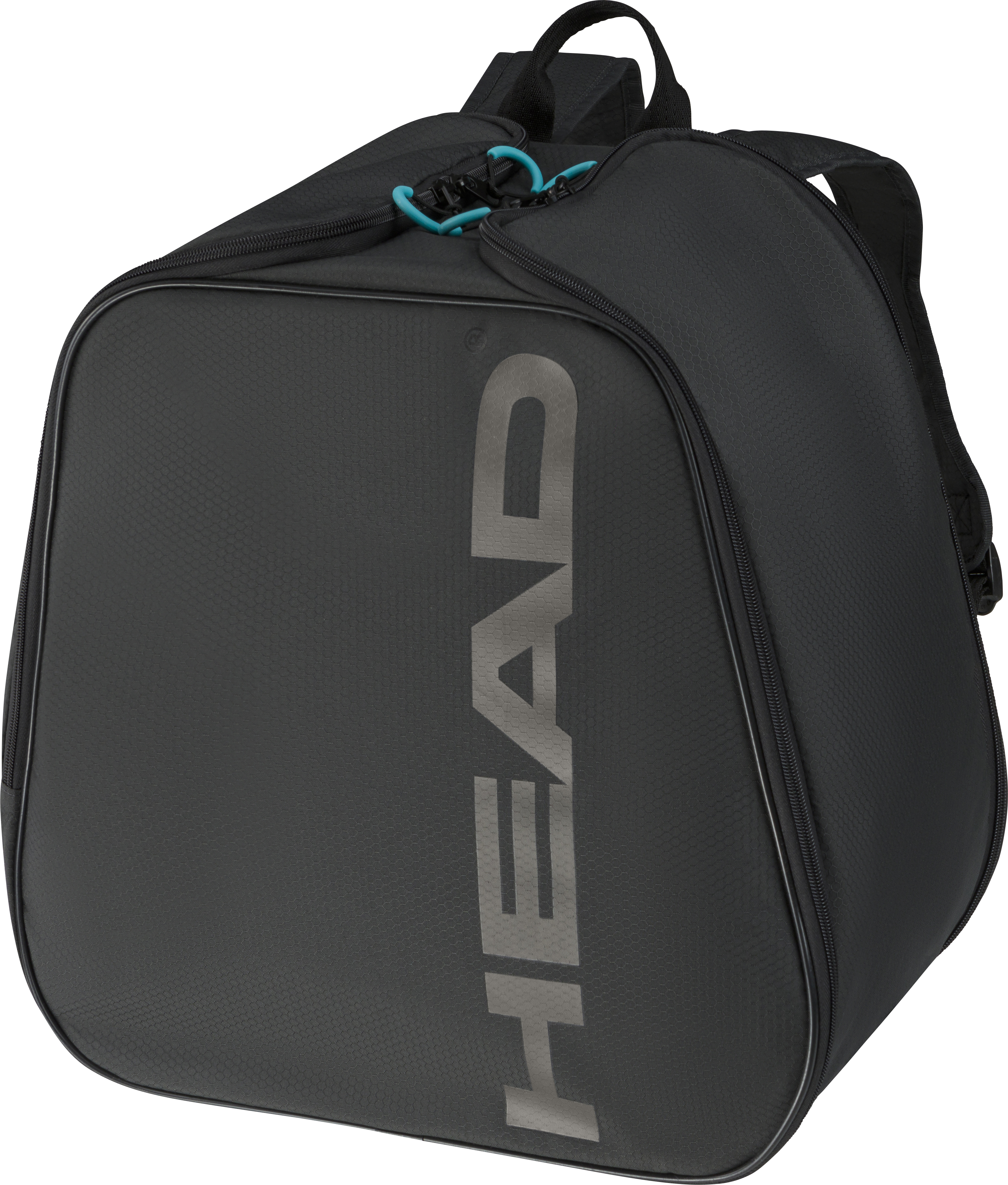 Schwarzer Head Boot Backpack 2026 mit Tragegriffen und Reißverschlüssen, aufgedruckter Markenname.