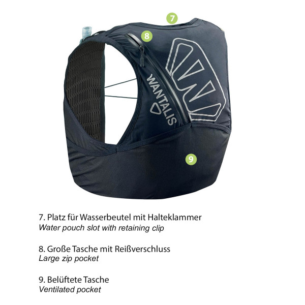 Dunkelblaue Trinkweste 8L Dunkelblaue Running Trinkweste Hydrabag Elite 8L mit mehreren Taschen und reflektierenden Markierungen.