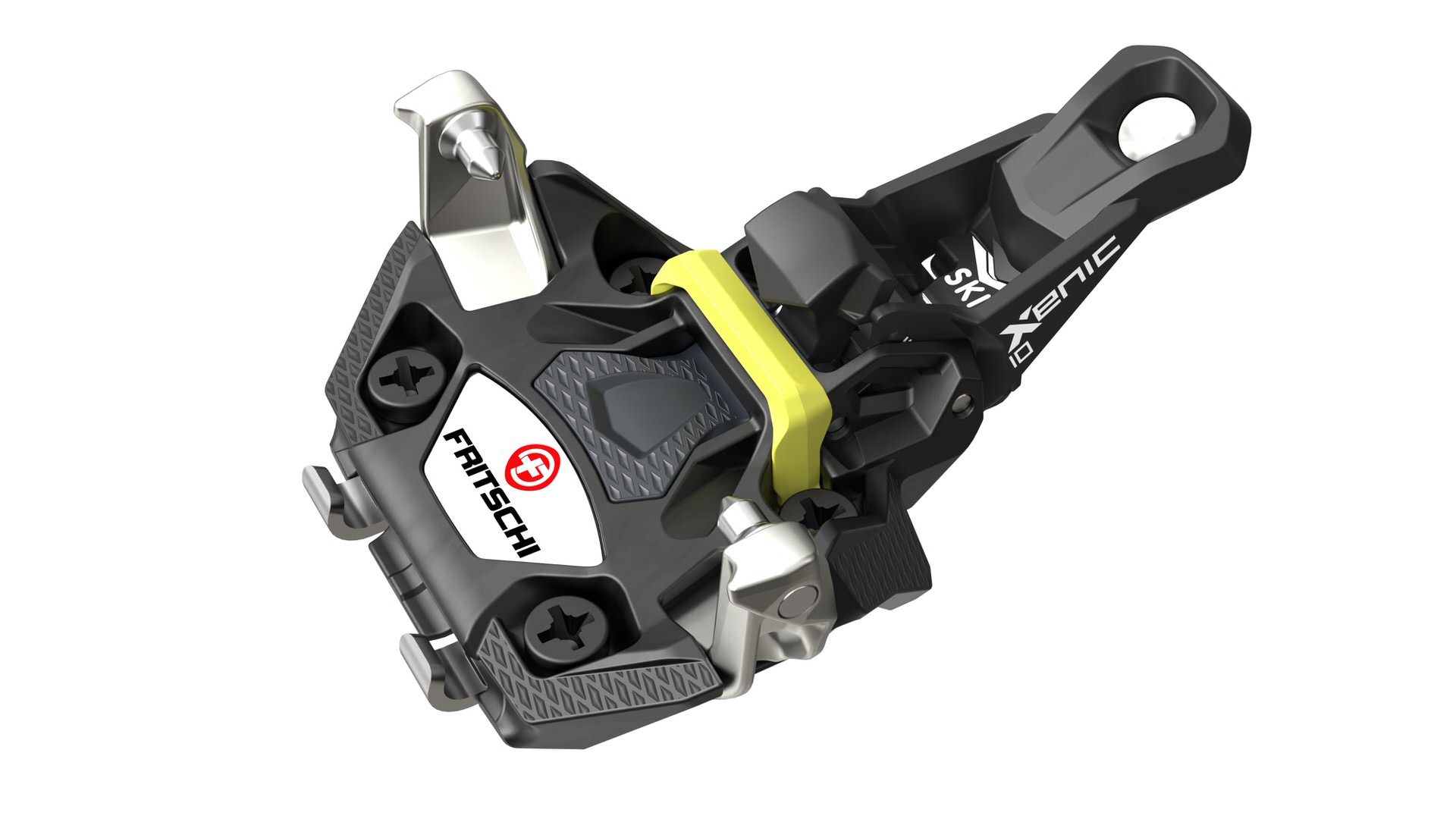 Fritschi Xenic 10 Skialpinismus Nahaufnahme der Fritschi Xenic 10 in Gelb und Schwarz, eine Tourenbindung für Skialpinismus, mit dem Fritschi-Logo.