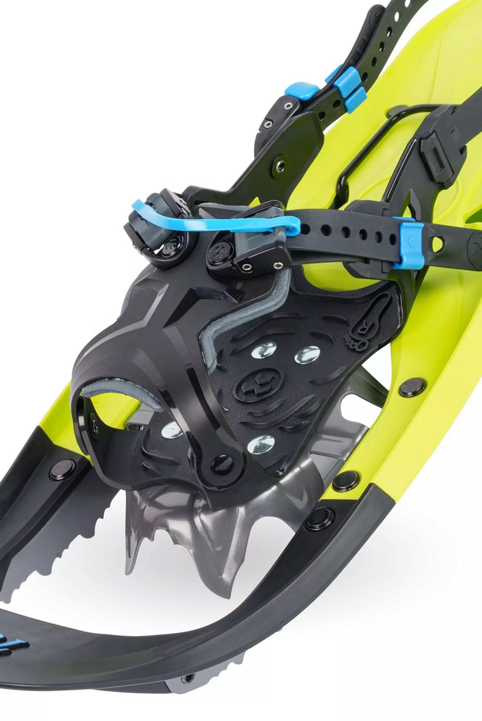 Damen Schneeschuh Tubbs Flex Alp Nahaufnahme eines Tubbs Flex Alp 21 Damen Schneeschuhs in Lime Green mit schwarzen Bindungen und Stahlsteigeisen.