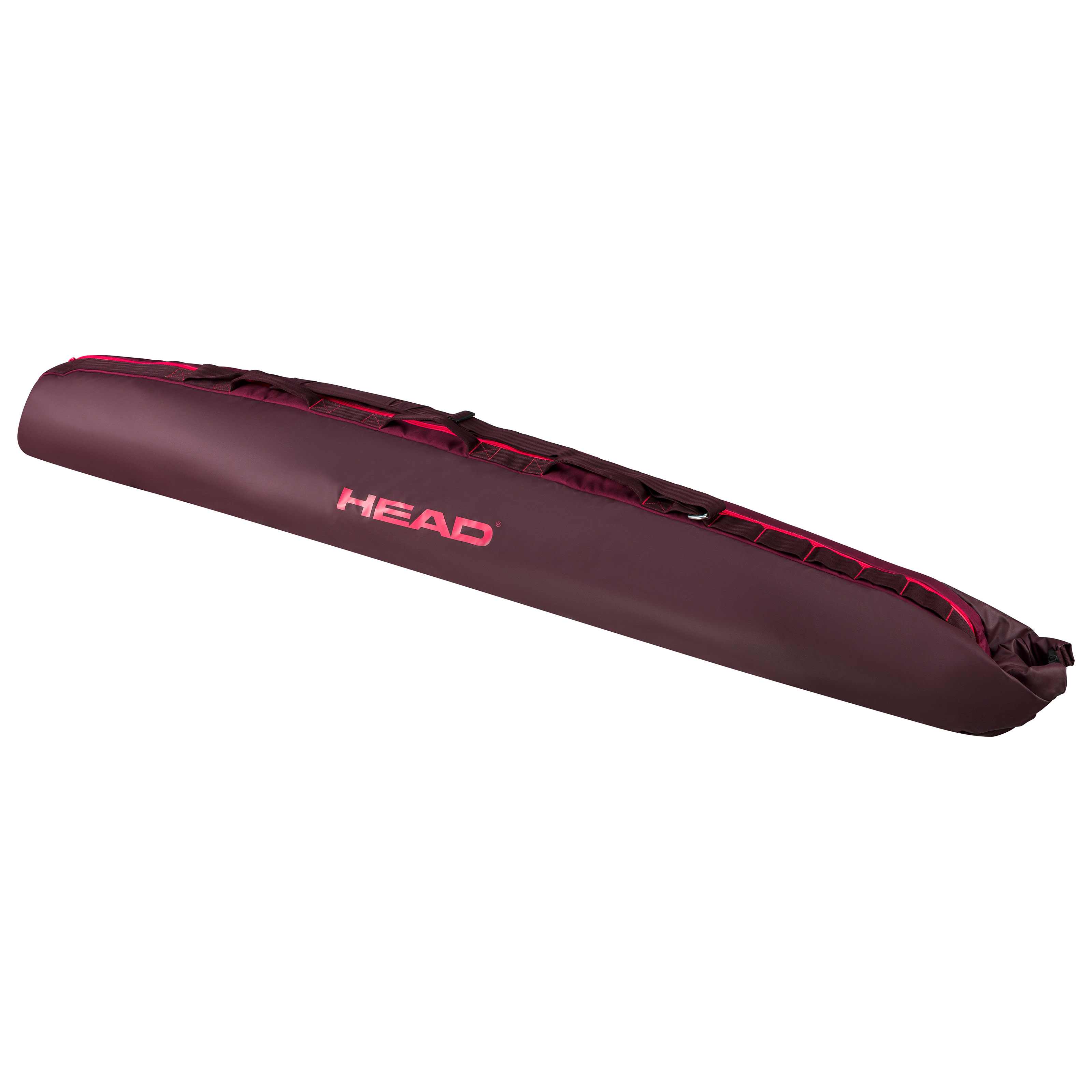 Längliche, bordeauxrote Head Skitasche für Damen, mit pinkfarbenem Logo und Details.