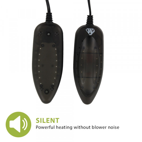 Zwei Silent UV Schuhtrockner Zwei UV Schuhtrockner, Stecker oben, längliche Form, Luftlöcher sichtbar, Produktbeschreibung "Silent".