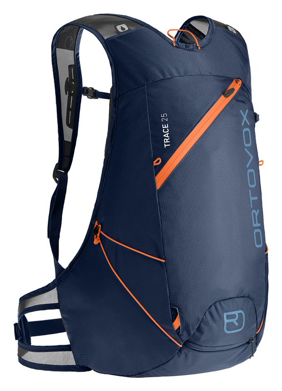 Blauer Ortovox Trace 25 Rucksack mit orangen Akzenten und reflektierenden Details für Skitouren, seitliche Markenlogo.