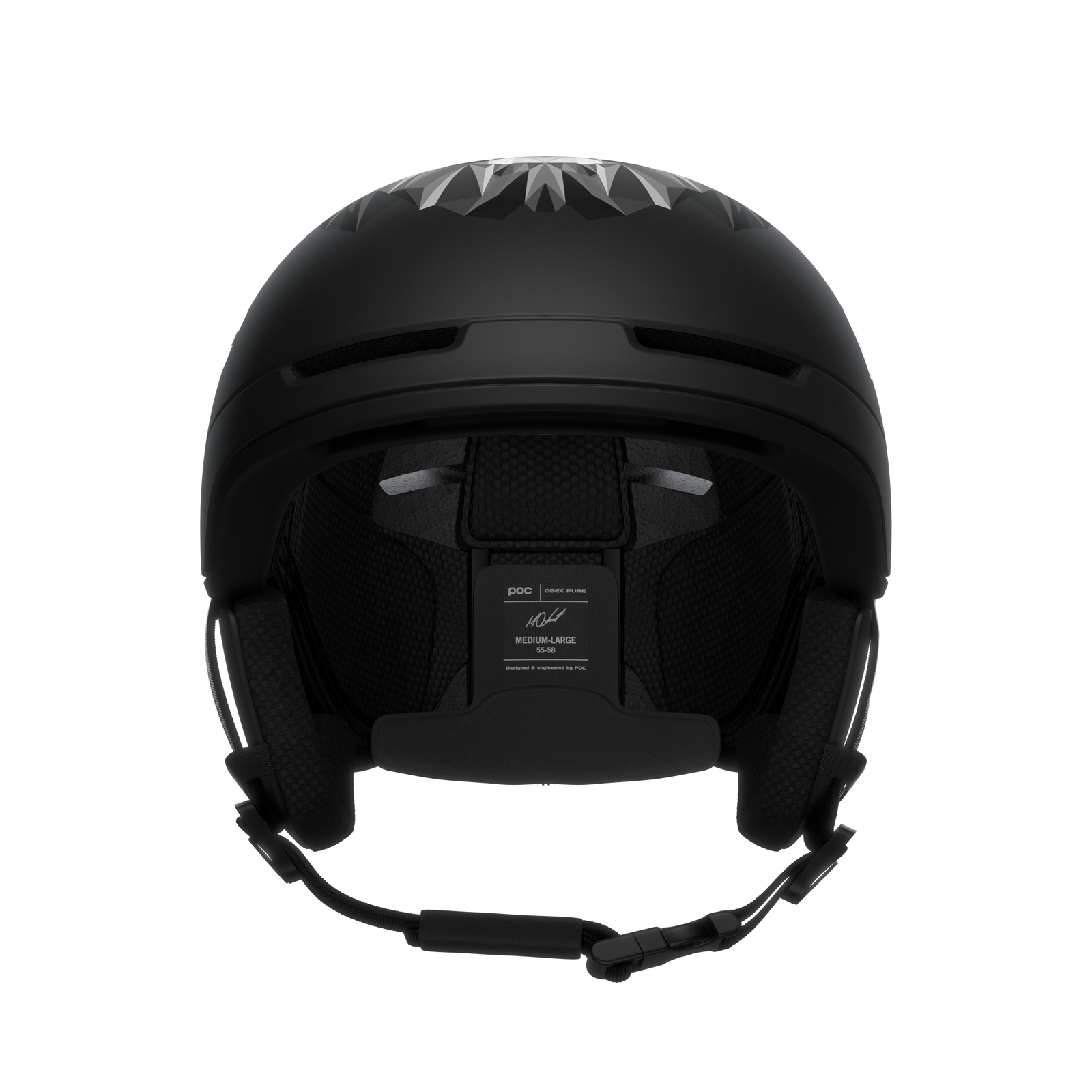 Obex Pure Skihelm Schwarz Schwarzer POC Obex Pure Odermatt Edition Skihelm von vorne, mit silbernem Löwenmuster oben und Größenangabe innen.