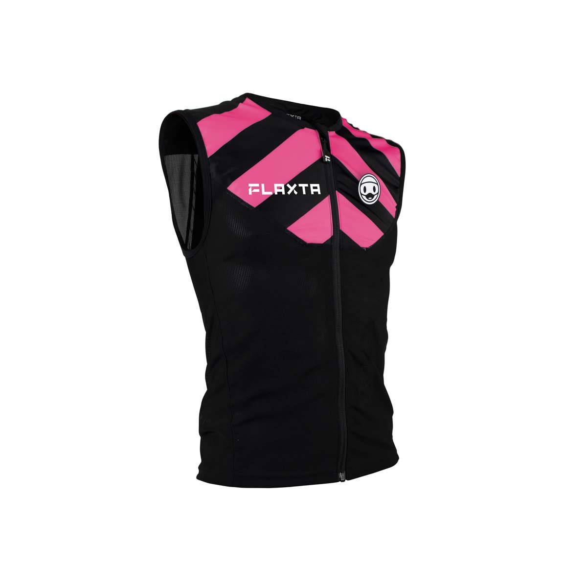 Schwarze Behold Junior PINK Rückenweste mit Reißverschluss und pinkfarbenen Details, inklusive Markenlogo.