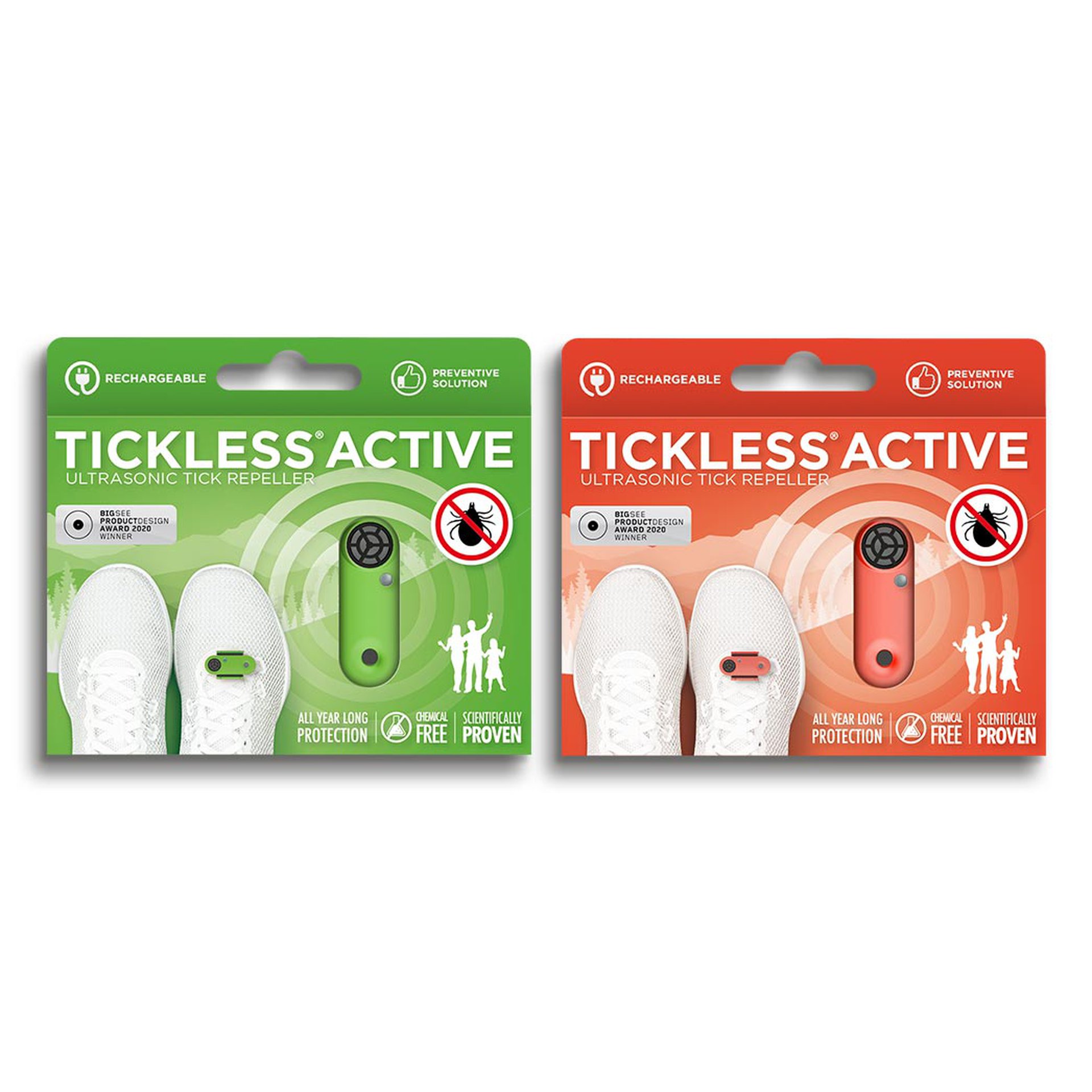 Grüne und rote Tickless Active Zeckenschutzmittel-Verpackung vor weißen Sportschuhen.