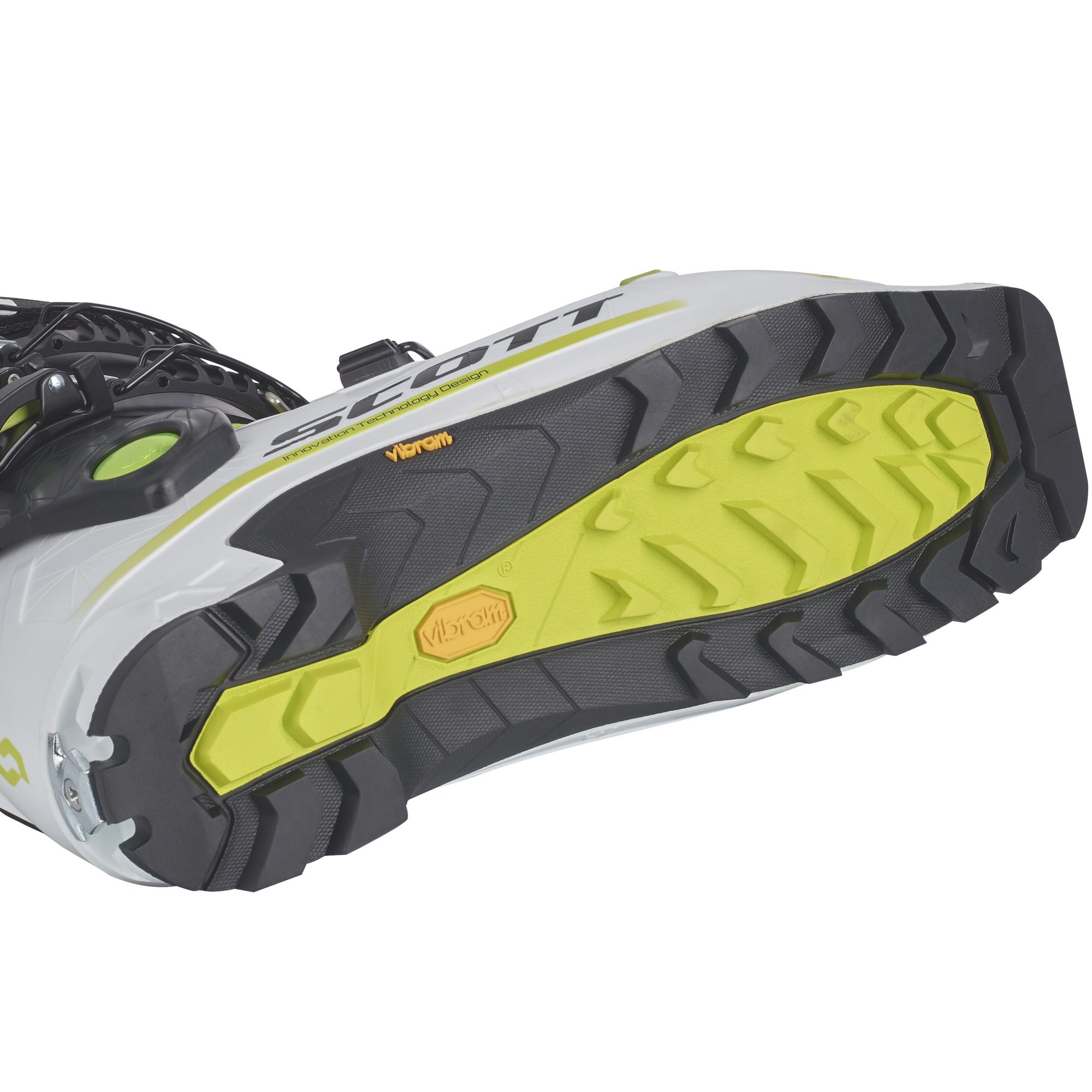 Scott Cosmos Tour Sohle Nahaufnahme der Sohle vom Scott Cosmos Tour Skitourenschuh in Grau, Schwarz und Gelbgrün mit Vibram Logo.