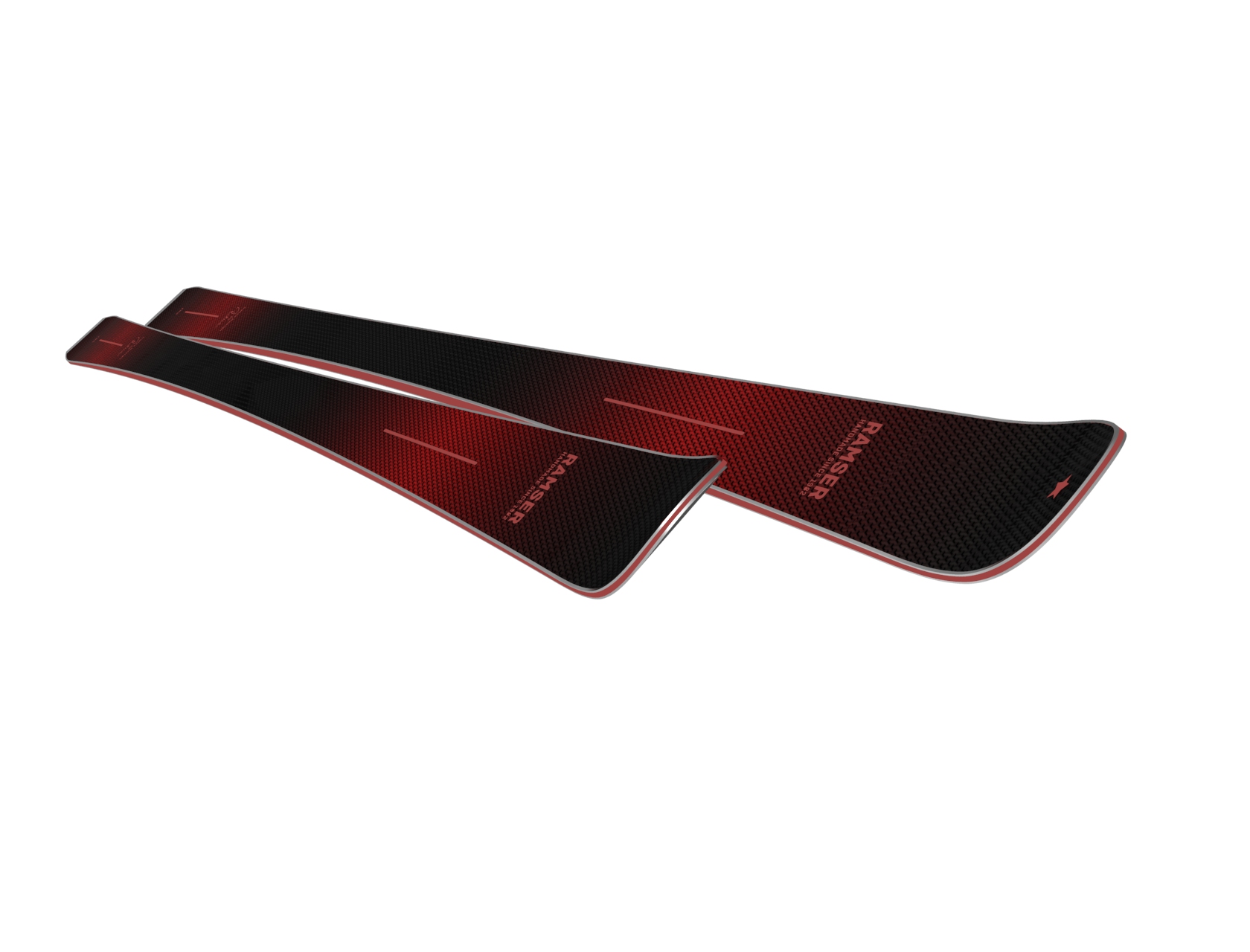 Rote Ramser Ski Zwei rote Ramser RED SL LTD Ski liegen diagonal übereinander auf weißem Grund.