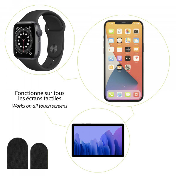 Smartwatch, Handy und Tablet, verbunden durch Linien. Unten zwei Touchscreen-Sticker für Handschuhe.