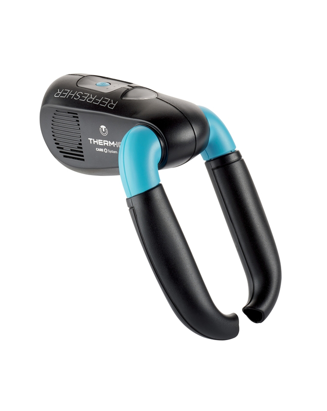 Schuhtrockner Thermic Refresher mit UV Licht: Schwarz-blaue Konstruktion mit zwei Trockenarmen.