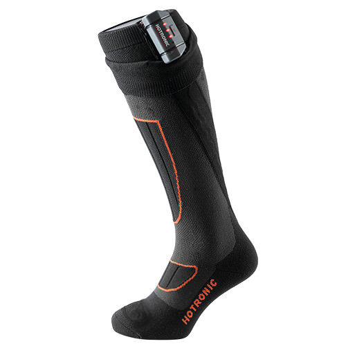 Dunkelgraue Heizsocken Dunkelgraue Heat Socks Surround mit orangenen Akzenten und Batteriefach am oberen Rand.