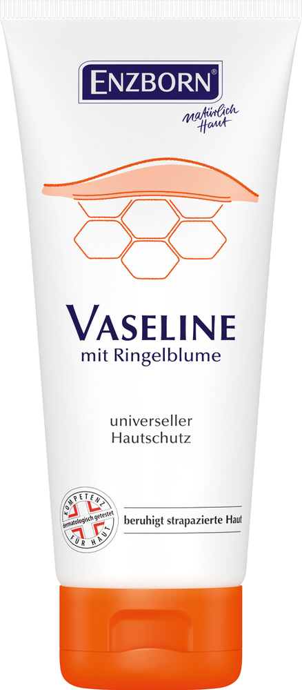 Weiße Tube Enzborn Vaseline mit Ringelblume und orangem Deckel.