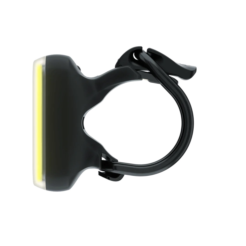 Schwarze Knog Blinder Front Bike Light mit gelbem Lichtstreifen und flexibler Halterung für Fahrräder.
