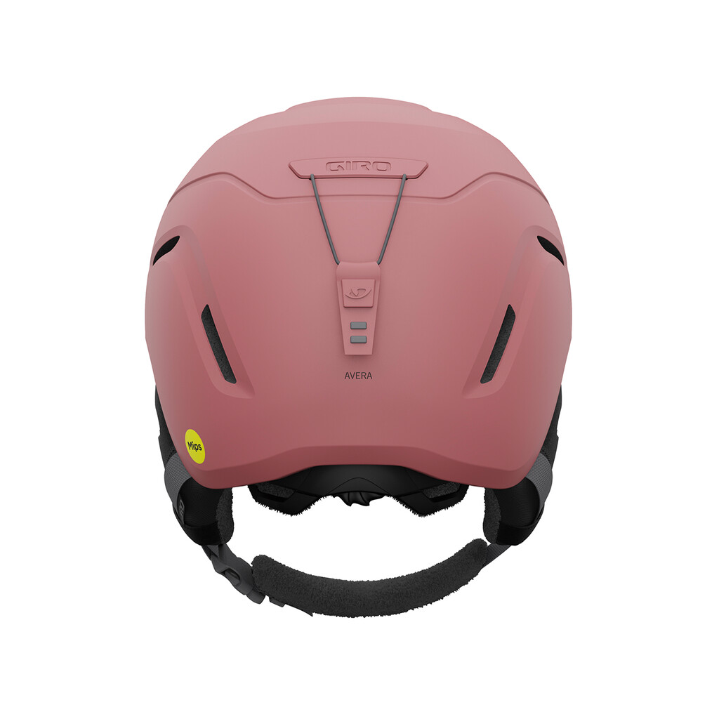 Rosafarbener Skihelm MIPS Nahaufnahme der Rückseite eines matten, rosafarbenen Giro Avera MIPS Skihelms mit Belüftungsöffnungen und Goggle-Clip.