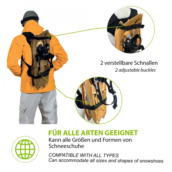 RaqBack-Rucksack mit Schneeschuhen Person mit RaqBack-Rucksack, Schneeschuhe befestigt. Details: Schnallen, Kompatibilität mit allen Arten von Schneeschuhen.