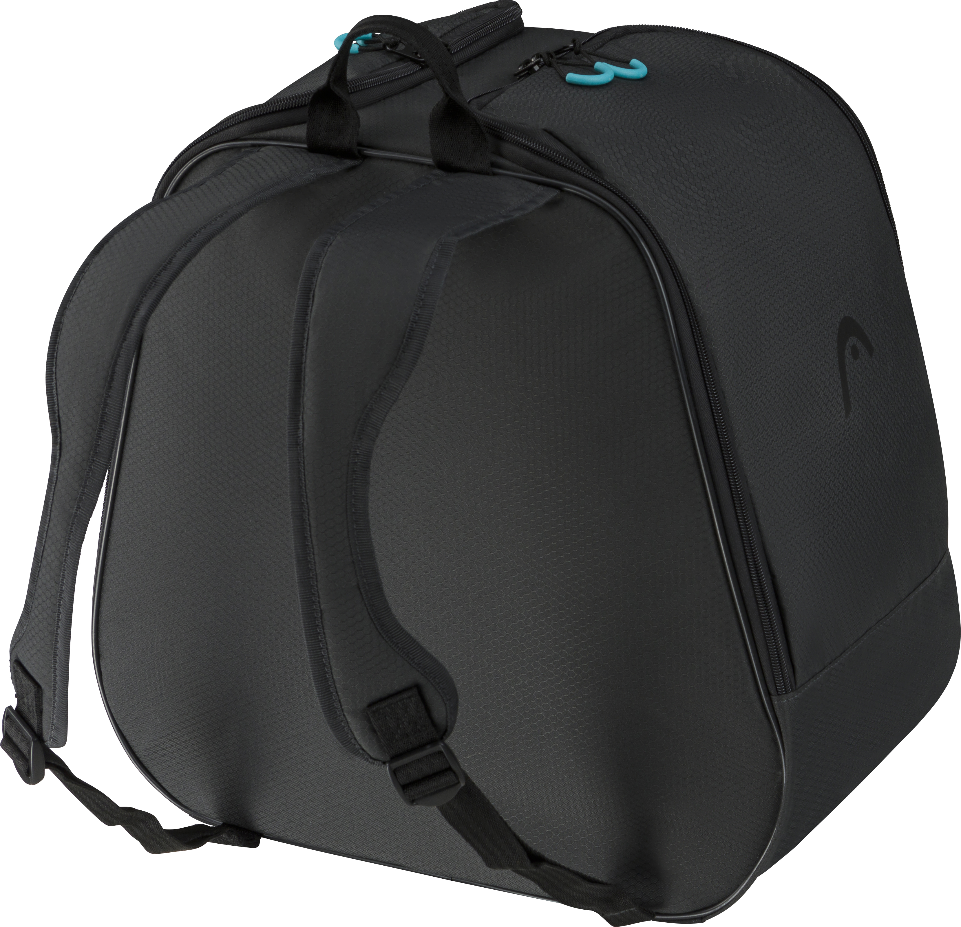 Schwarzer Head Boot Backpack mit Tragegriffen, Reissverschlüssen und Schultergurten.
