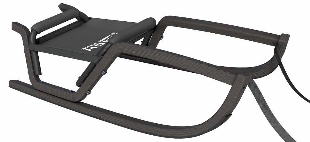 Nahaufnahme des schwarzen Mach Black Hawk Schlittens, der Sitz ist aus wasserfestem Polyestergewebe.