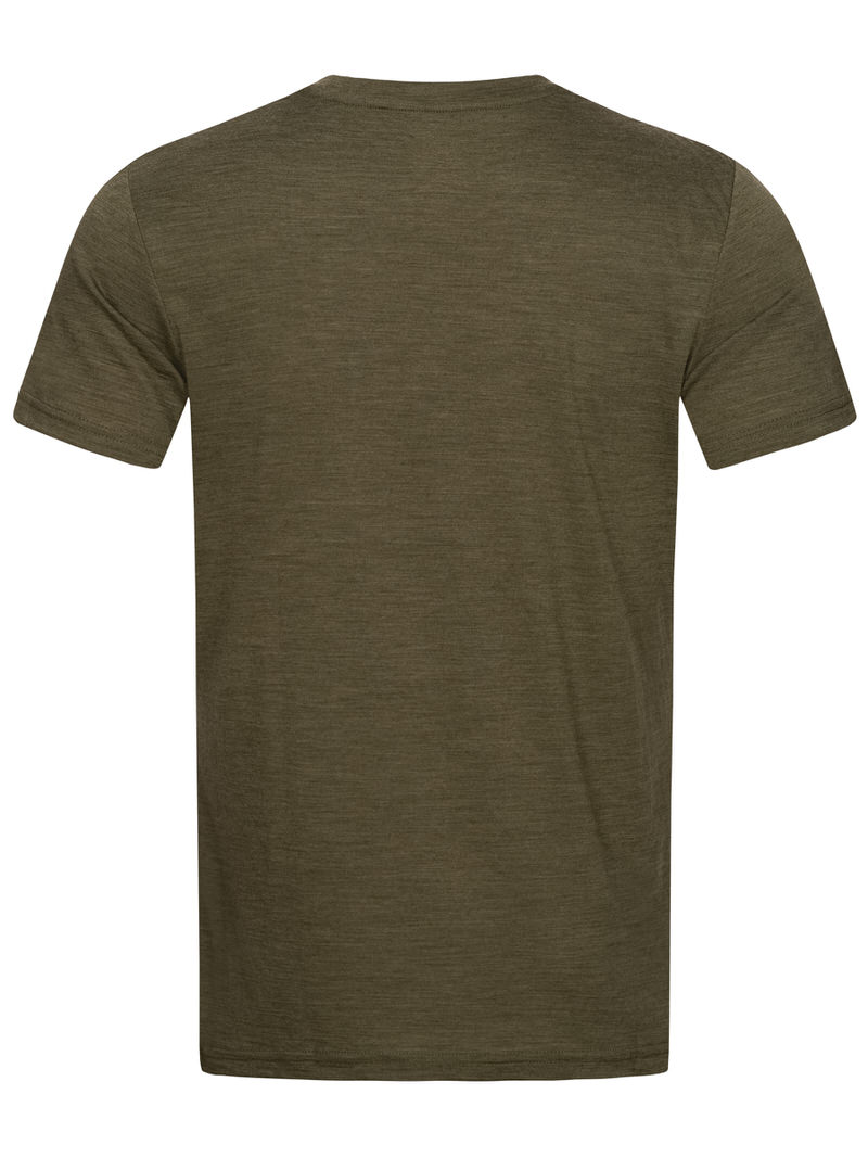 Olive Night Melange farbenes City T-Shirt für Herren von Super.Natural, von hinten gezeigt.