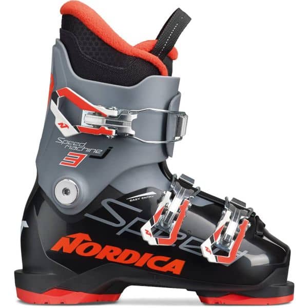 Nordica Speedmachine J3R Skischuh in Schwarz, Grau und Rot mit drei Schnallen und warmem Innenschuh.