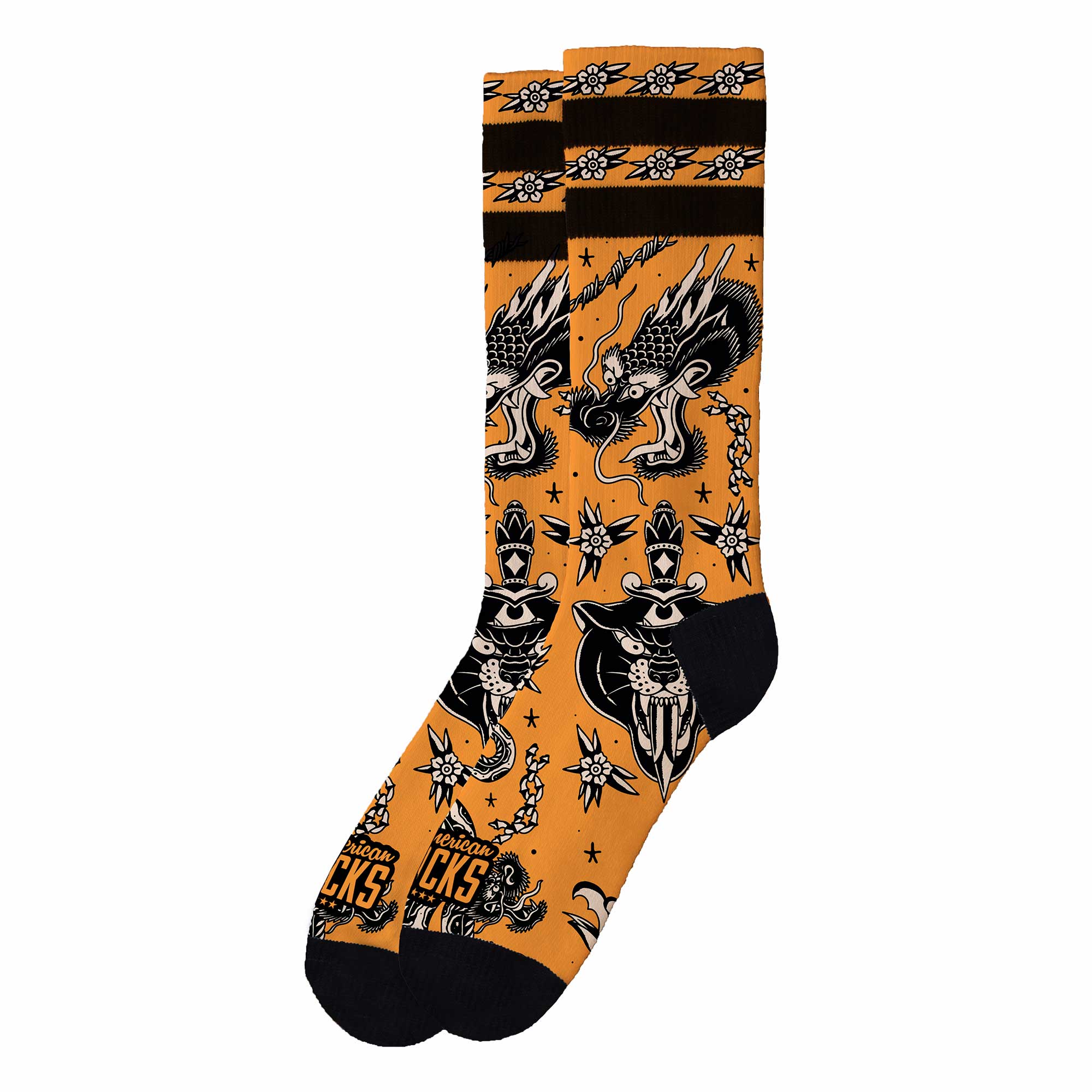 Tätowierte Socken mit Drachen Orange Inked Socks mit schwarzen Bündchen, Tattoo-Motiven: Drachen, Panther, Dolche.