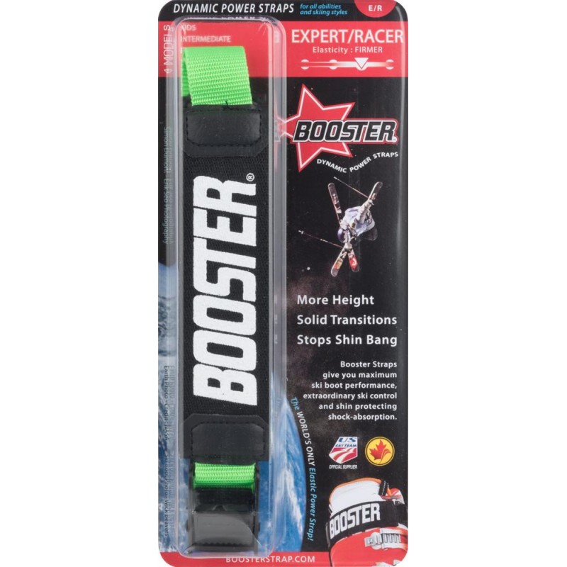 Verpackter Booster Strap Green Medium für Skischuhe, mit neon-grünem Riemen und schwarzem Text "BOOSTER".