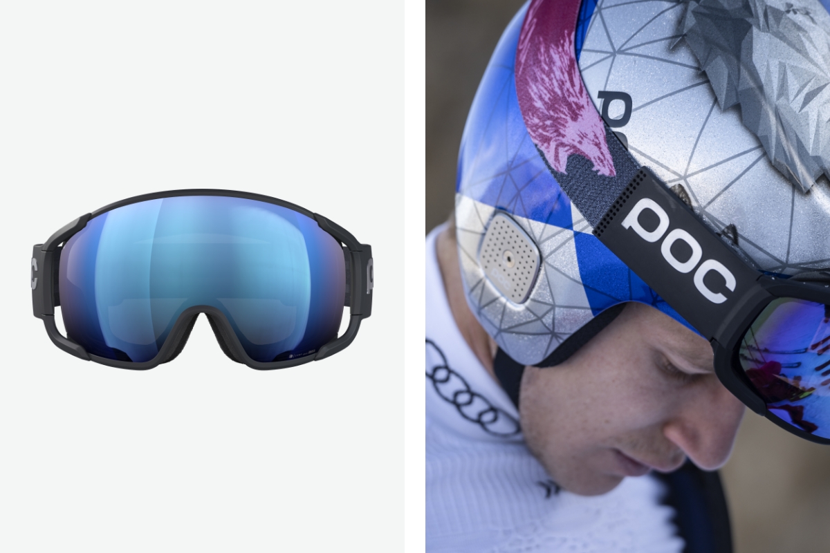 Lunettes de ski Poc Signature de Marco Odermatt Lunettes POC Zonula Clarity Comp : Vue frontale des lunettes de ski avec lentille bleue et une personne avec un casque et des lunettes sur la tête.