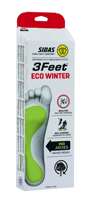 Sidas 3Feet Eco Winter Einlegesohle Verpackung der Sidas 3Feet Eco Winter Mid Einlegesohle für mittleres Fußgewölbe, mit Fuß-Illustration.