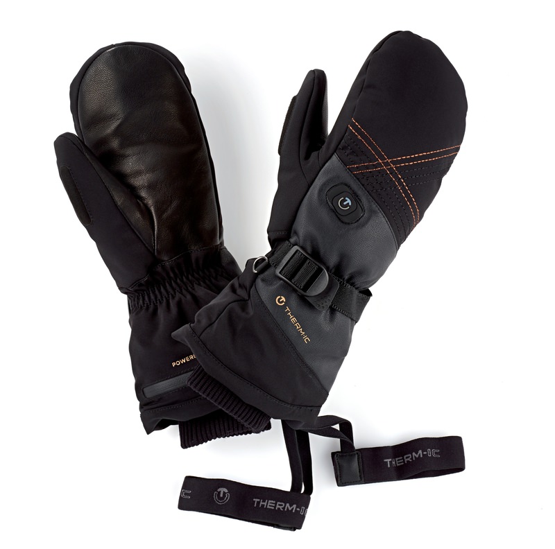 Thermo-Fäustlinge Damen Schwarze Therm-ic Ultra Heat Fäustlinge für Damen mit Lederdetails und Handgelenkschlaufen auf weißem Grund.