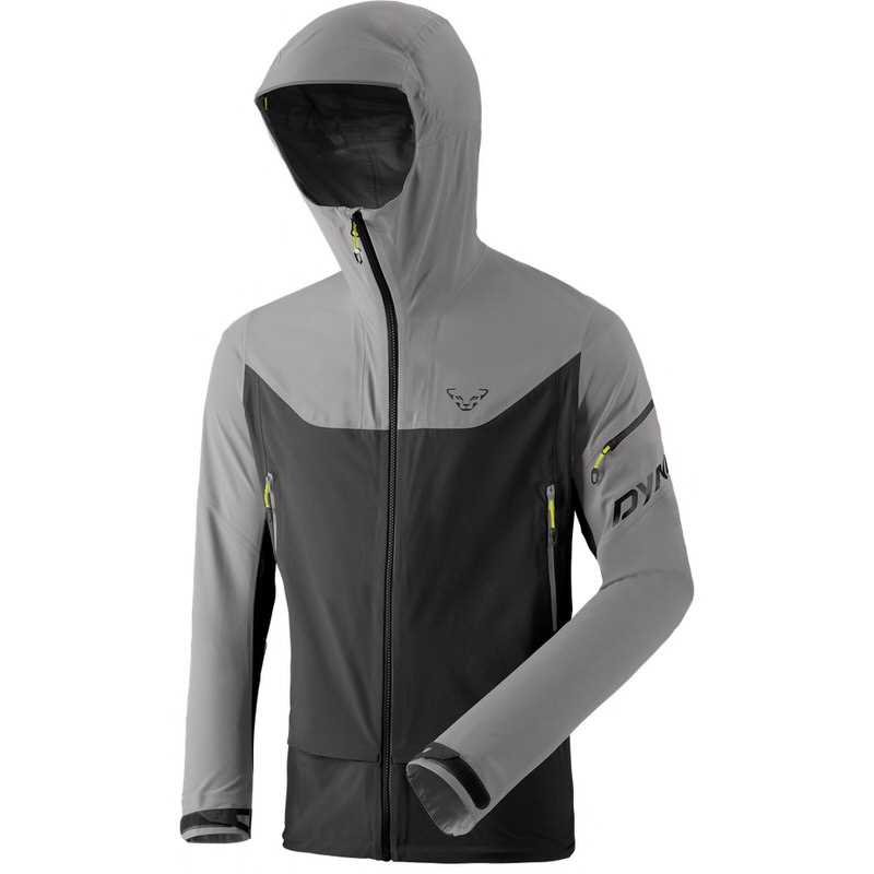 Graue Dynafit Beast Hybrid Herren Jacke mit Kapuze, Frontreißverschluss und Taschen.