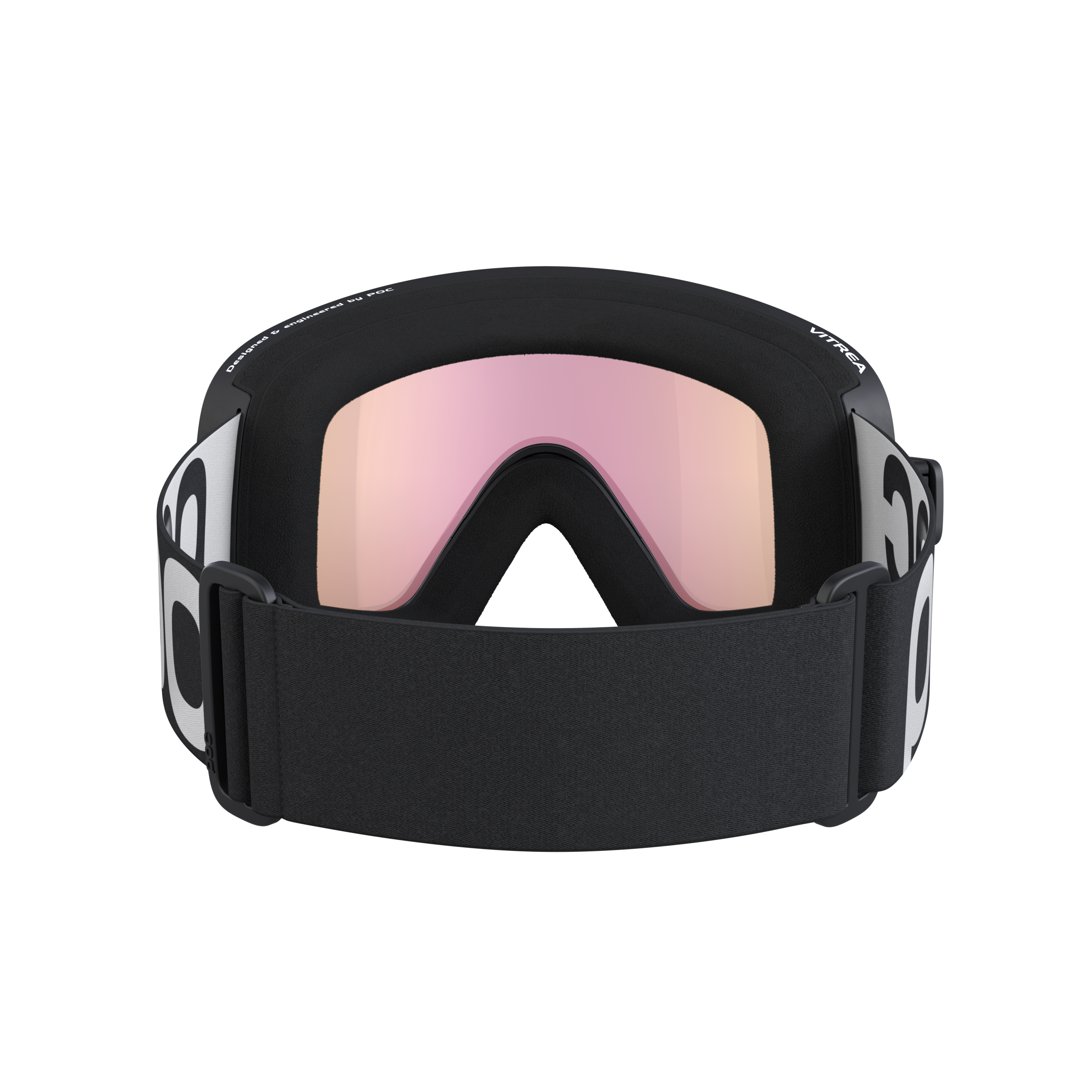 Schwarze POC Vitrea Skibrille Frontale Ansicht der schwarzen POC Vitrea Skibrille mit orangefarbenen Gläsern und weißem Logo auf dem Band.