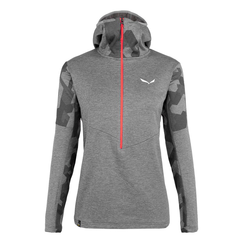 Graue Salewa Boe Alpine Merino Kapuzenjacke für Damen mit rotem Reißverschluss und Tarnmuster an Ärmeln und Kapuze.