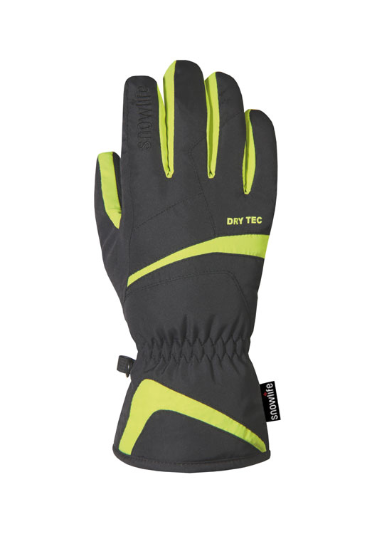 Ein grauer Snowlife Popcorn DT JR Handschuh mit gelben Akzenten, Handfläche nach vorne gerichtet.