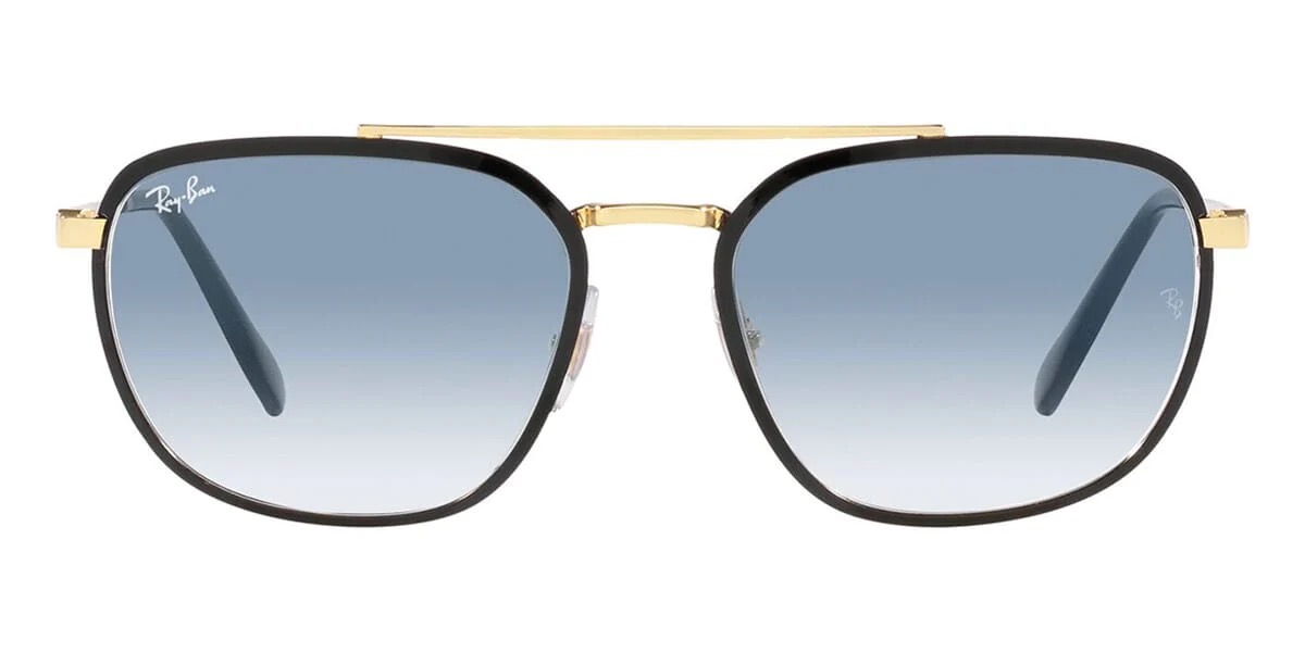 Ray-Ban RB3708 Lunettes de soleil en noir et or avec verres Chromance bleus, vue de face.