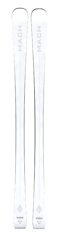 Zwei weiße Ski des Modells MACH WHITE von oben, mit Markennamen und Modellbezeichnung.