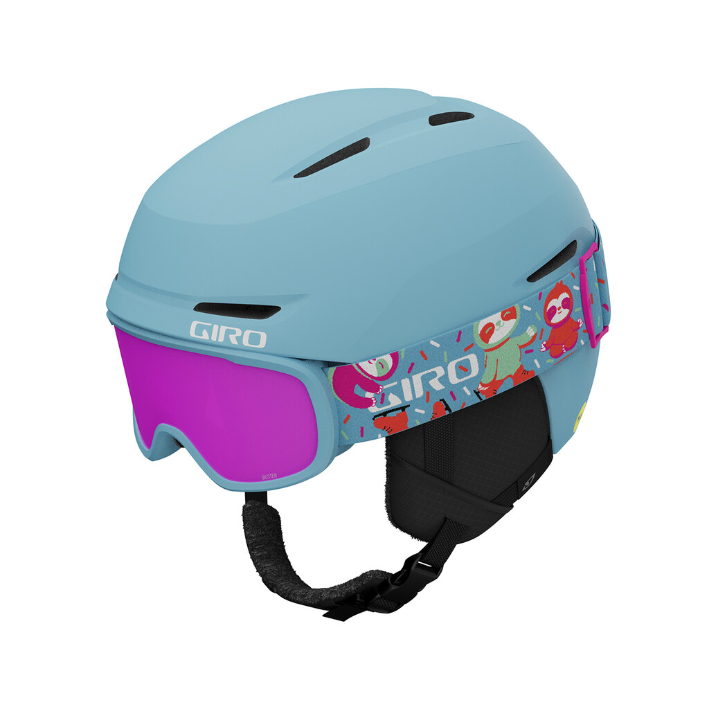 Hellblauer Giro Spur Kinder Skihelm mit rosa Visier und Faultier-Muster am Brillenband.