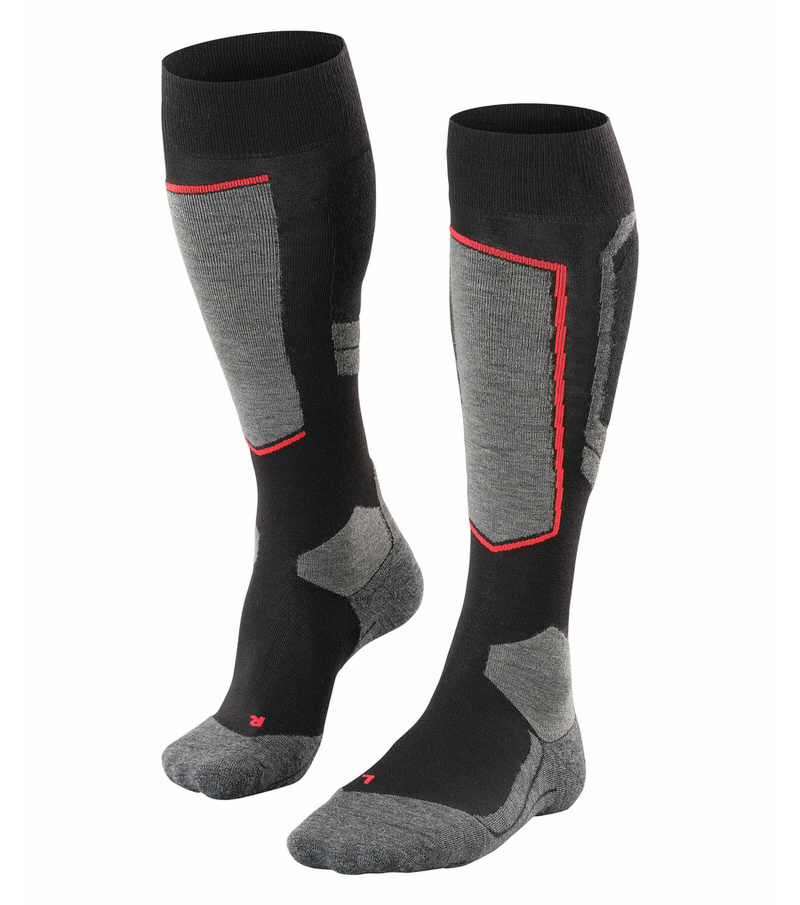 Zwei schwarze Falke SK4 Wool Skiing Kniestrümpfe in Black-Mix, mit grauen Akzenten und roter Umrandung.