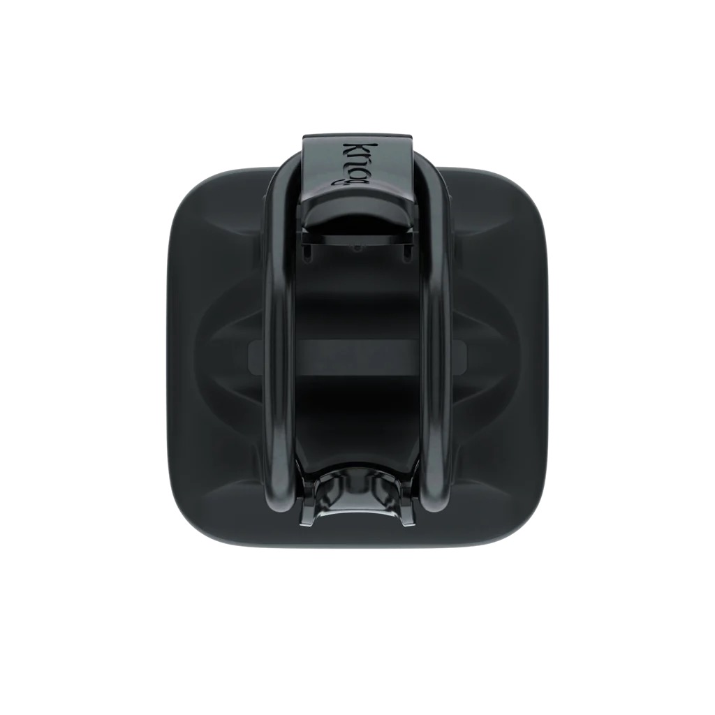 Draufsicht: Schwarze Knog Blinder Fahrradlampe, Befestigung mit Logo.