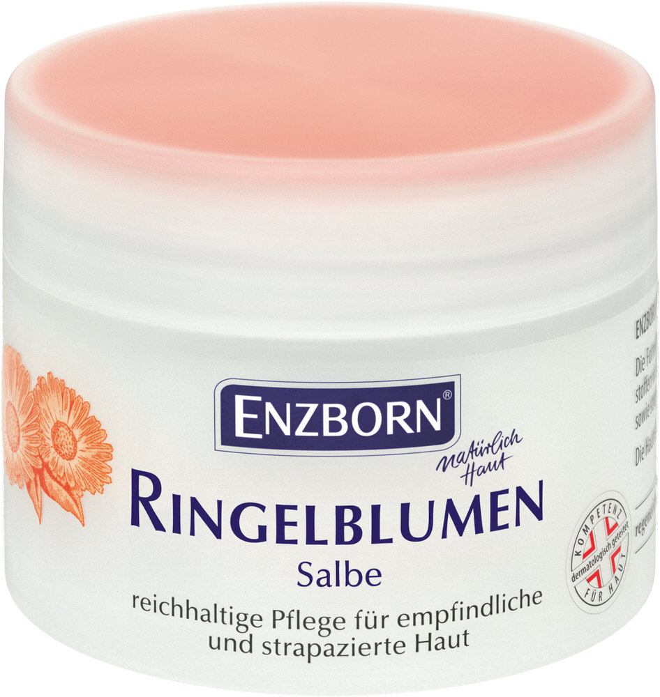 Dose Ringelblumensalbe von Enzborn, weiße Dose mit Ringelblumen-Abbildung und pinkfarbenem Deckel.