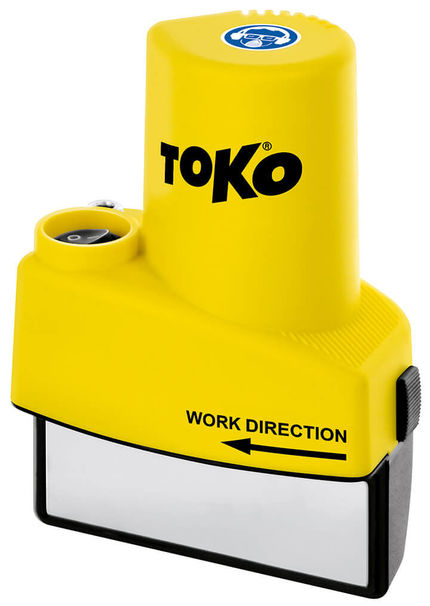 Gelber Toko Edge Tuner World Cup: Gerät zum Kantenschleifen mit Pfeil für Arbeitsrichtung und Toko Logo.