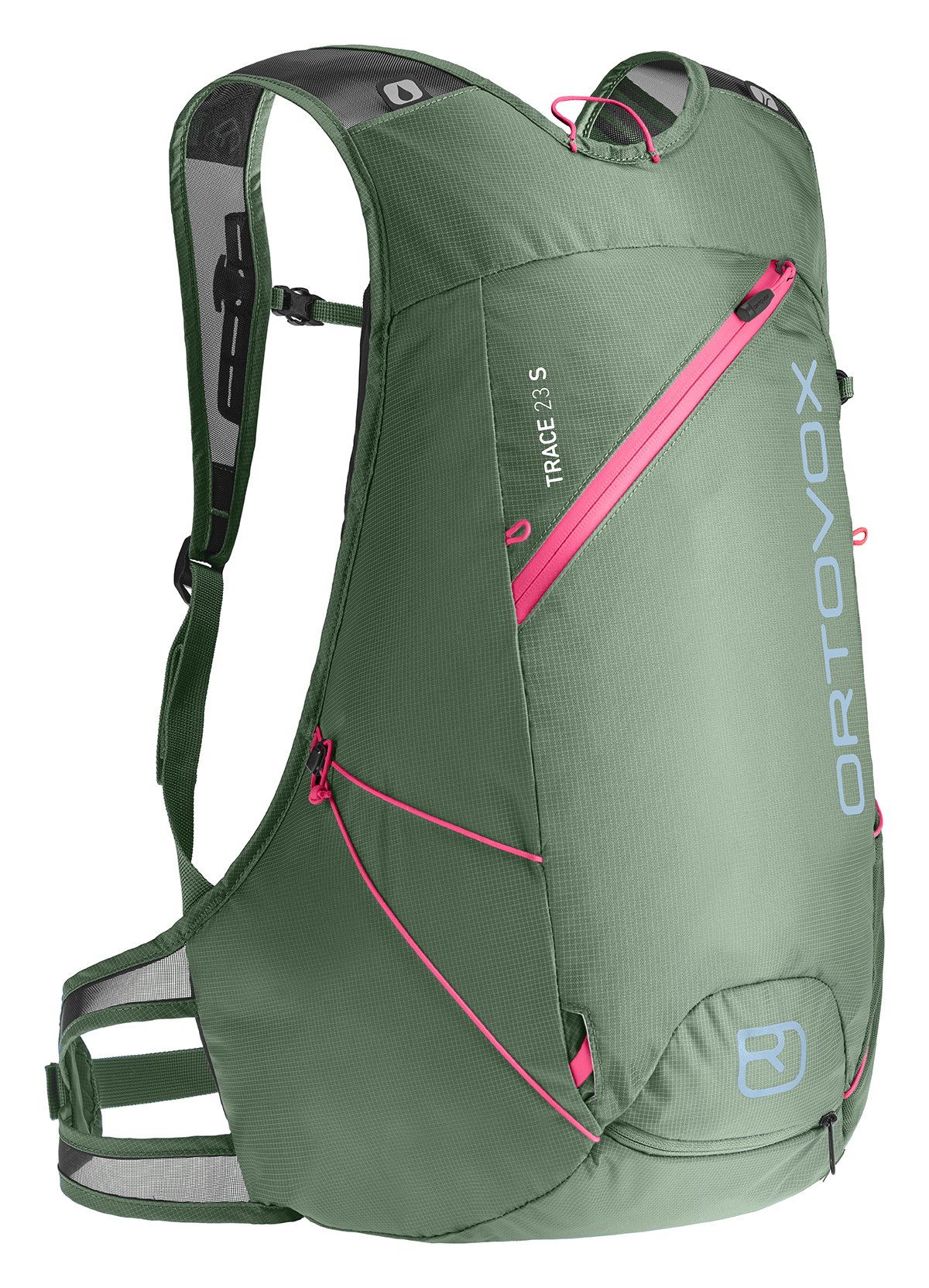 Grüner Ortovox Trace 23 S Skitouren Rucksack, pinke Details, seitlich.